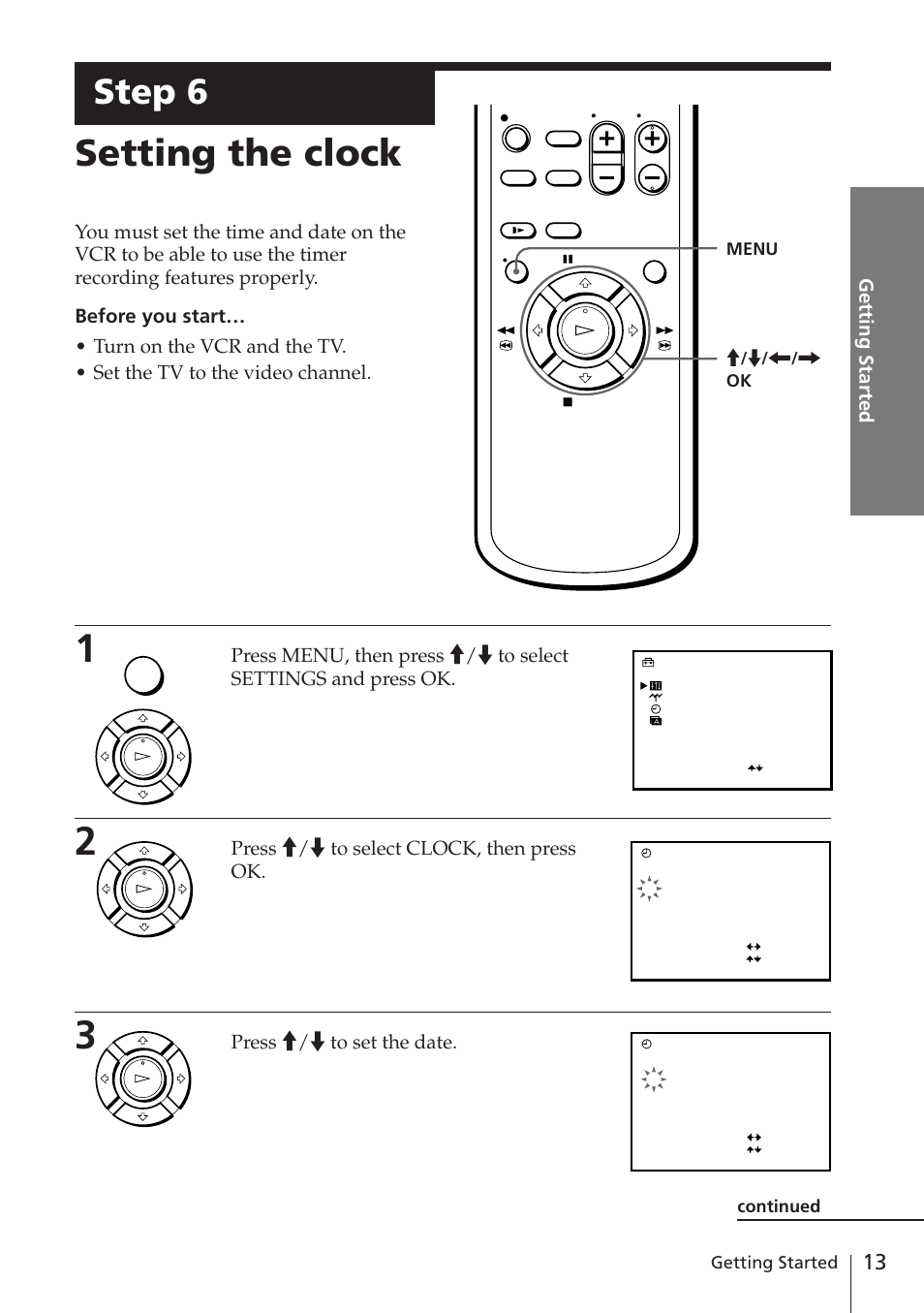 Setting the clock, Step 6, Getting started | Press >/. to select clock, then press ok, Press >/. to set the date | Sony SLV-E780EE User Manual | Page 13 / 52