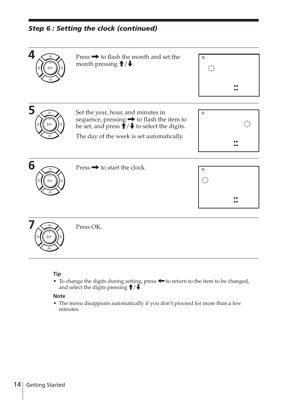14 step 6 : setting the clock (continued), Press / to start the clock, Press ok | Getting started | Sony SLV-E780EE User Manual | Page 14 / 52