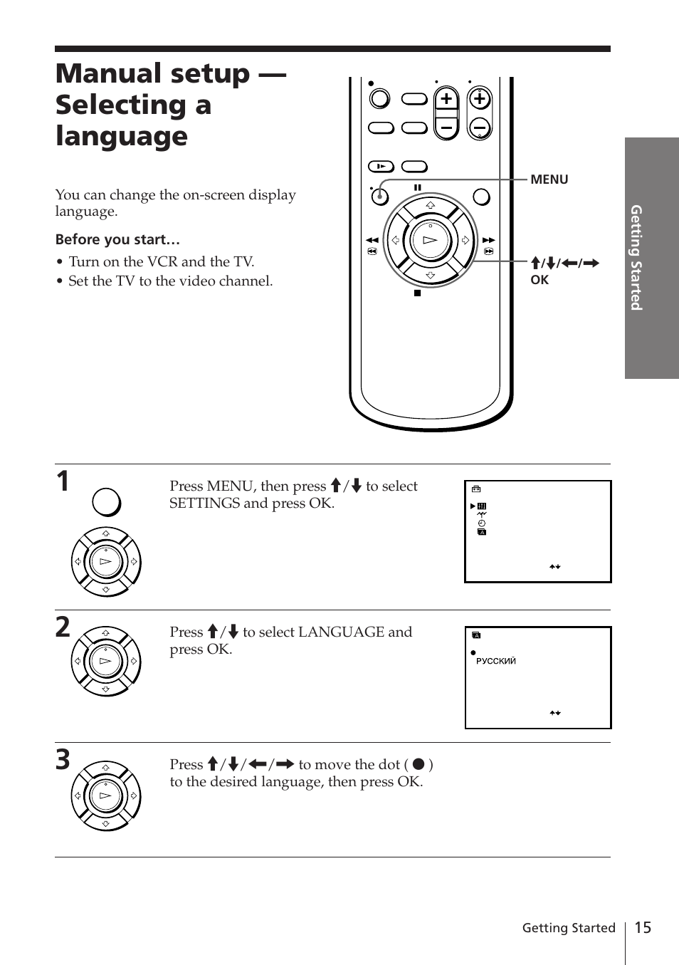 Manual setup — selecting a language | Sony SLV-E780EE User Manual | Page 15 / 52