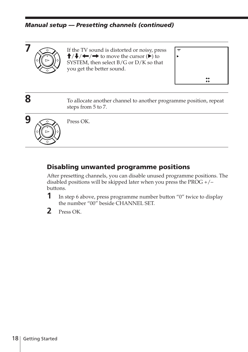 Disabling unwanted programme positions, Manual setup –– presetting channels (continued), Press ok | Sony SLV-E780EE User Manual | Page 18 / 52