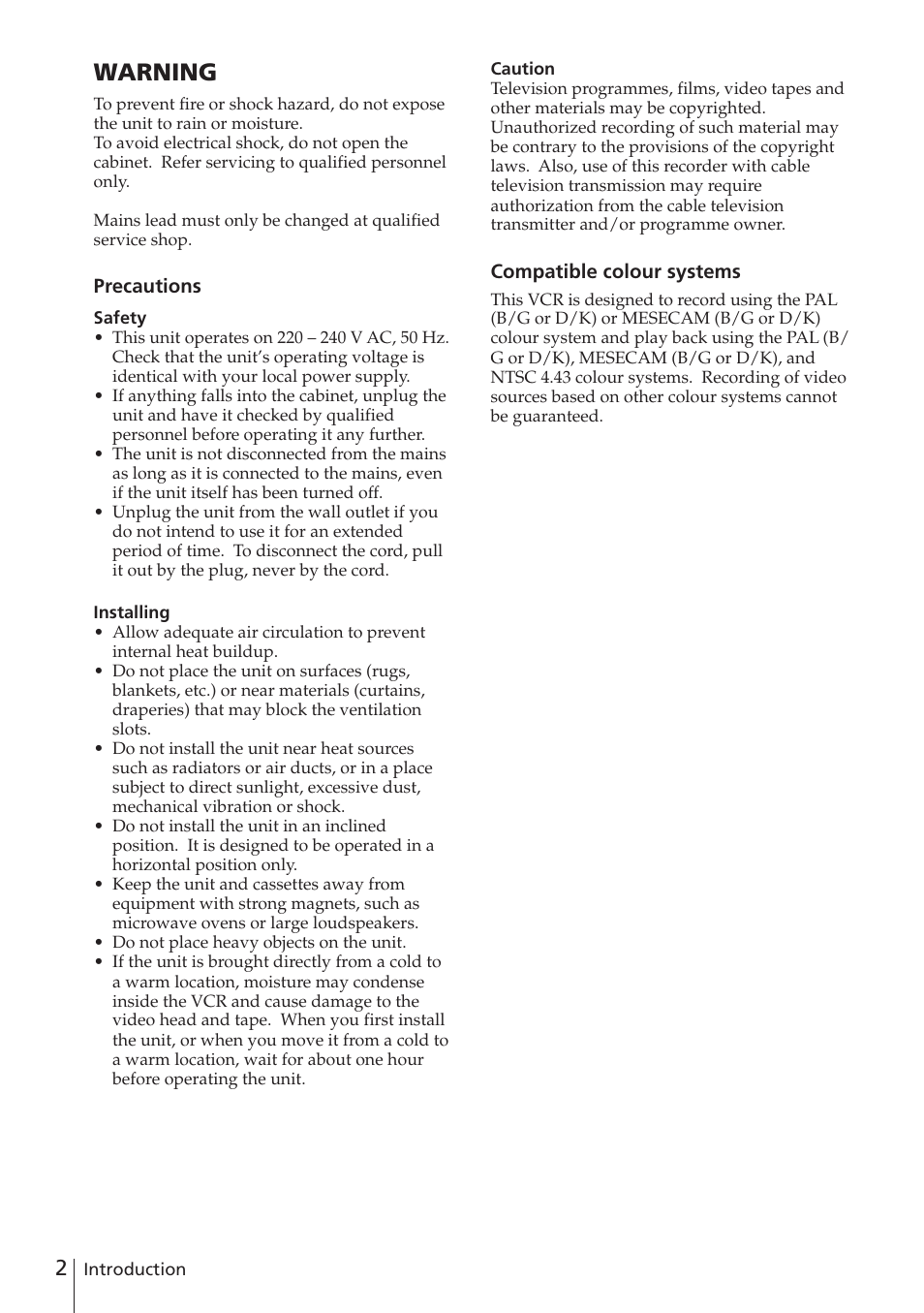 Warning | Sony SLV-E780EE User Manual | Page 2 / 52