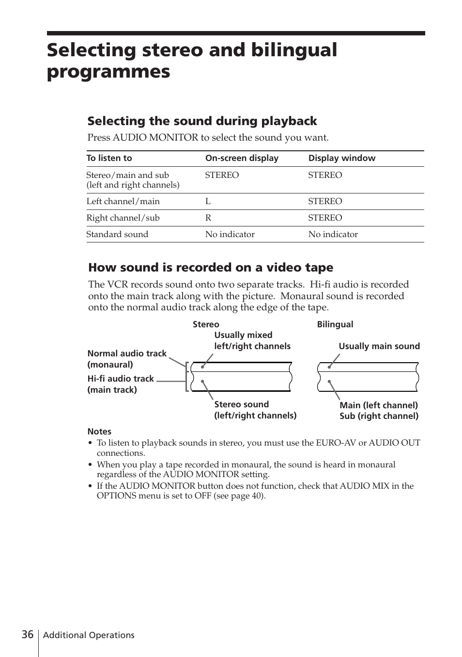 Selecting stereo and bilingual programmes, How sound is recorded on a video tape, Selecting the sound during playback | Sony SLV-E780EE User Manual | Page 36 / 52