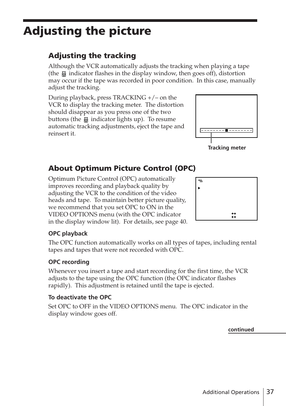 Adjusting the picture, Adjusting the tracking, About optimum picture control (opc) | Sony SLV-E780EE User Manual | Page 37 / 52