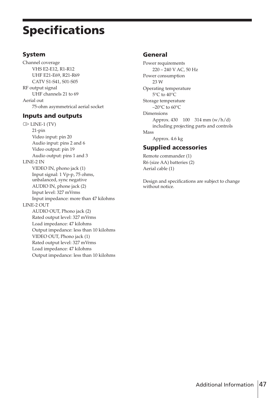 Specifications, System, Inputs and outputs | General, Supplied accessories | Sony SLV-E780EE User Manual | Page 47 / 52