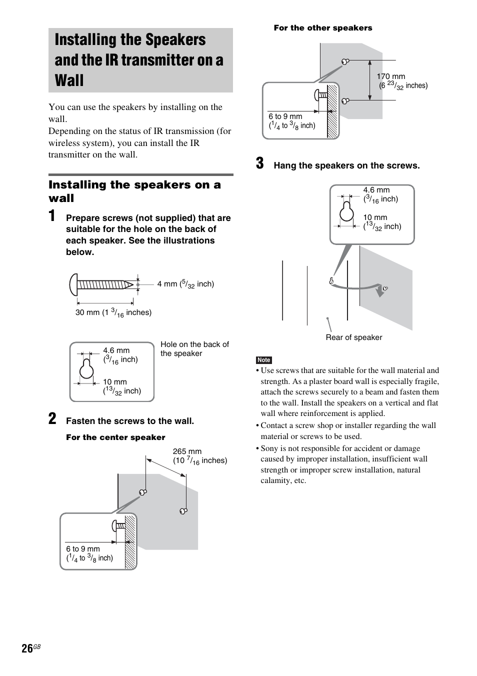 Installing the speakers on a wall, Installing the speakers and the ir, Transmitter on a wall | Sony DAV-DZ830W User Manual | Page 26 / 116