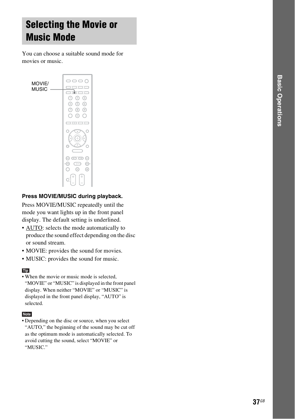 Selecting the movie or music mode, Selecting the movie or music, Mode | Sony DAV-DZ830W User Manual | Page 37 / 116