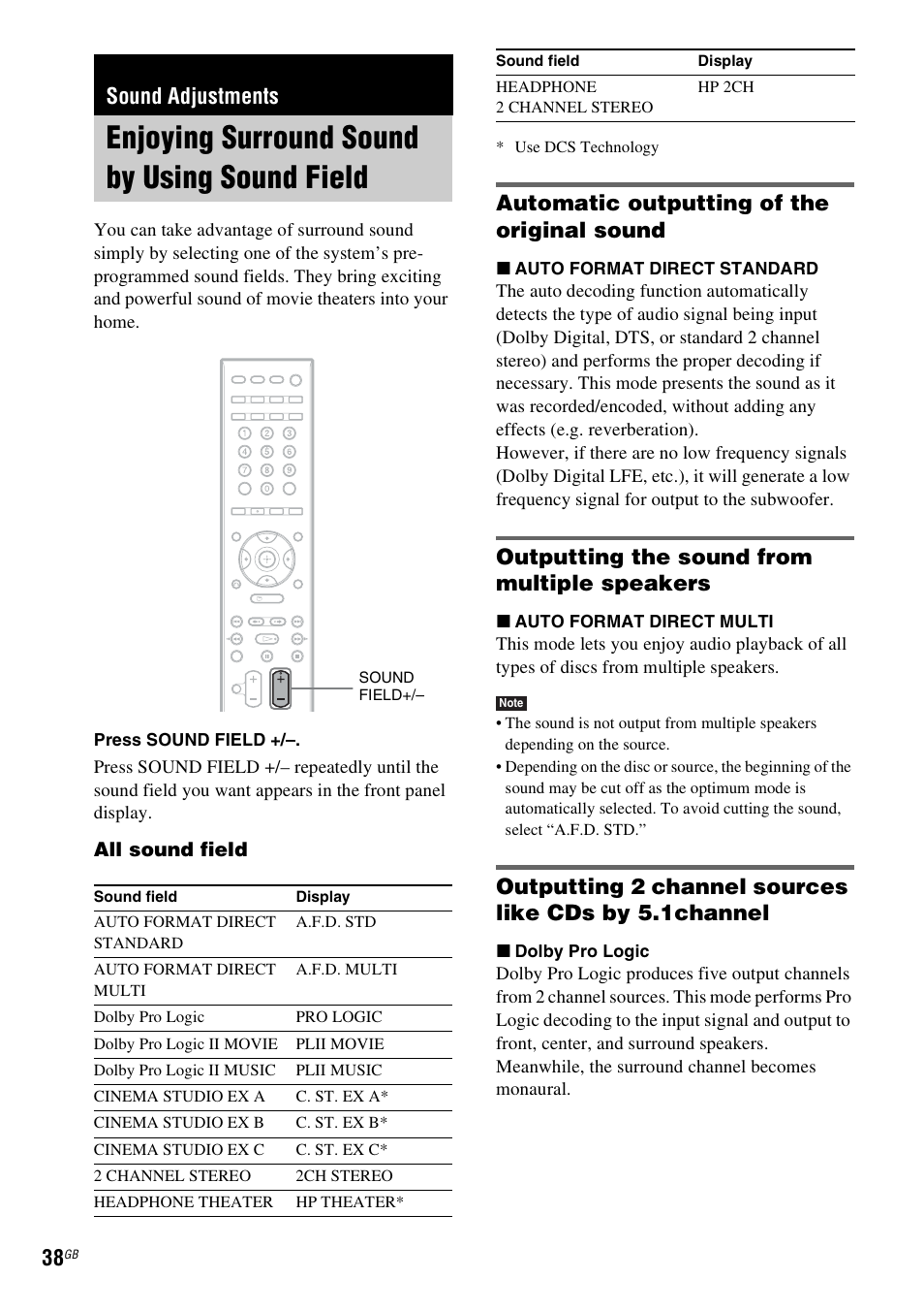 Sound adjustments, Enjoying surround sound by using sound field, Automatic outputting of the original sound | Outputting the sound from multiple speakers, Enjoying surround sound by using sound, Field | Sony DAV-DZ830W User Manual | Page 38 / 116