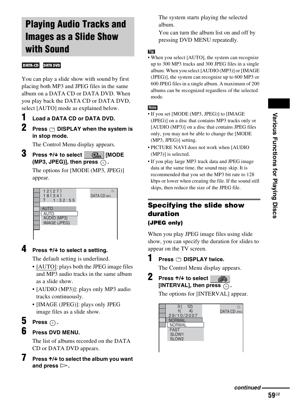 Specifying the slide show duration, Playing audio tracks and images as a, Slide show with sound | Sony DAV-DZ830W User Manual | Page 59 / 116