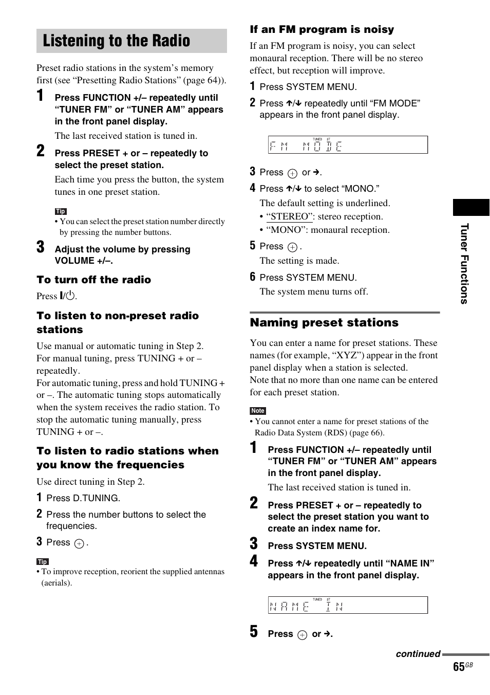 Listening to the radio, Naming preset stations | Sony DAV-DZ830W User Manual | Page 65 / 116