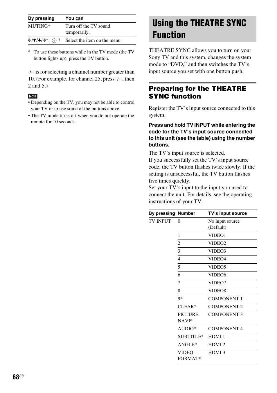 Using the theatre sync function, Preparing for the theatre sync function, Using the theatre sync | Function | Sony DAV-DZ830W User Manual | Page 68 / 116