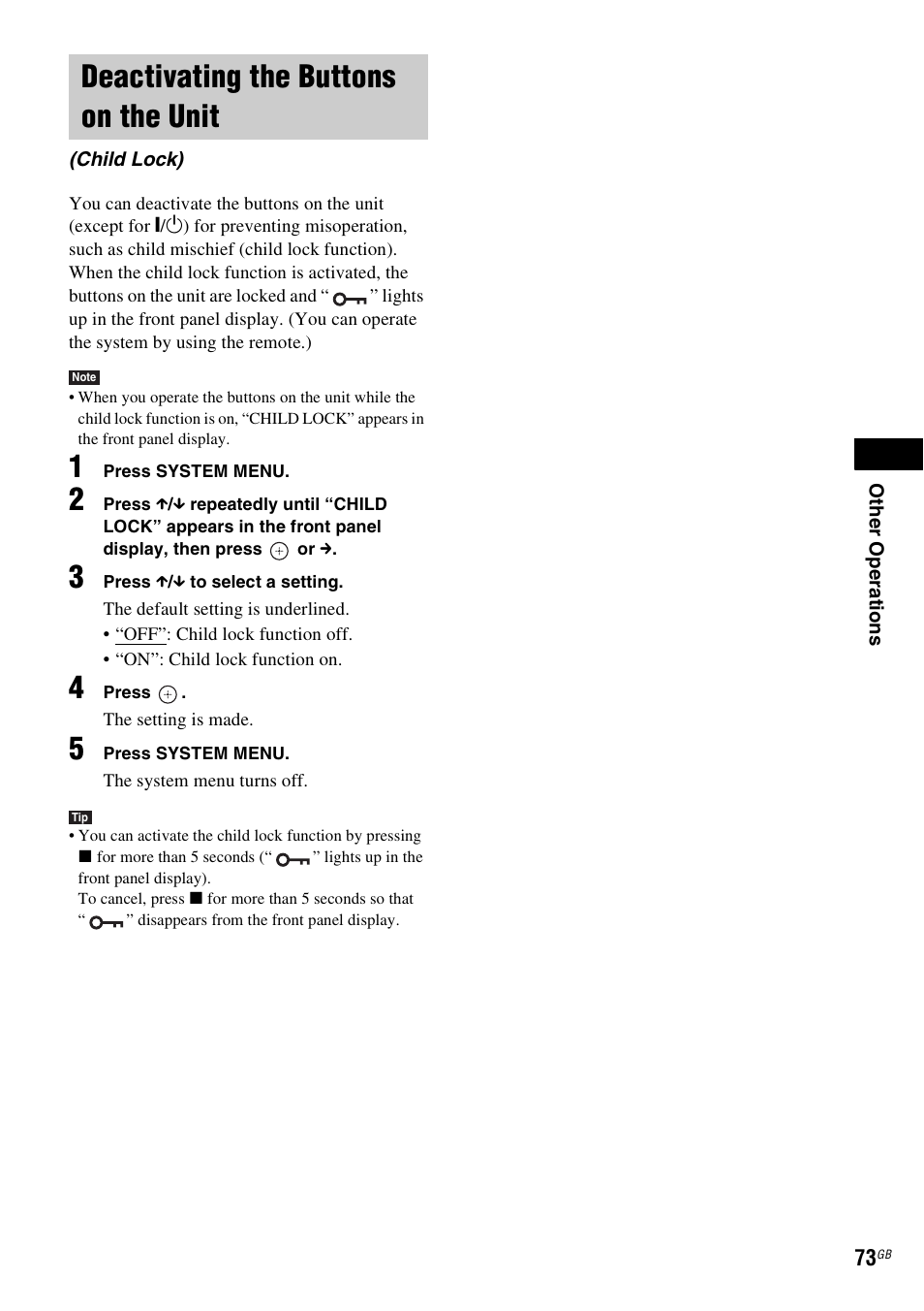 Deactivating the buttons on the unit, Child lock) | Sony DAV-DZ830W User Manual | Page 73 / 116