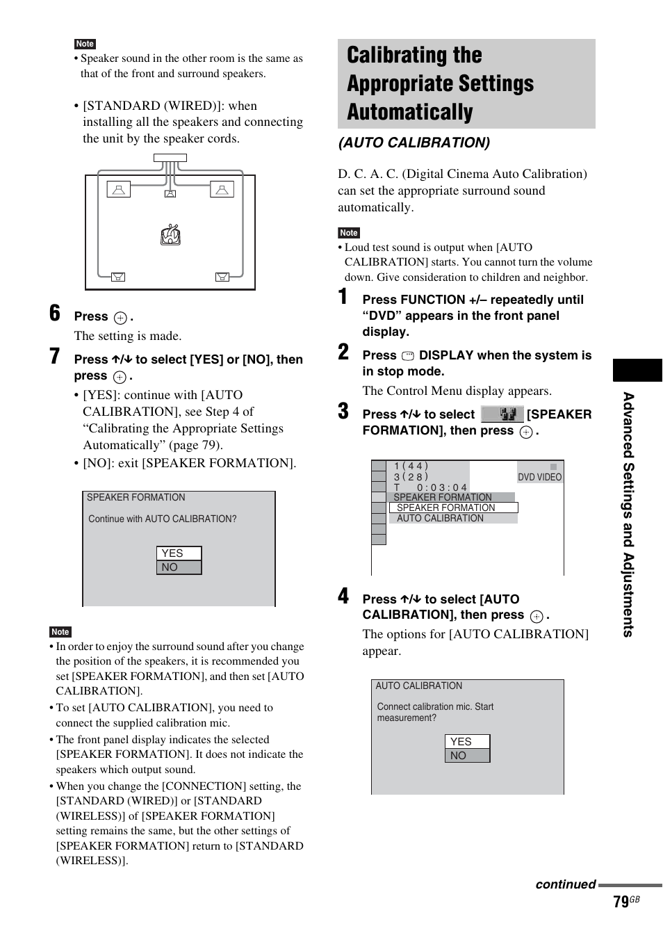 Calibrating the appropriate settings automatically, Calibrating the appropriate settings, Automatically (auto calibration) | Sony DAV-DZ830W User Manual | Page 79 / 116