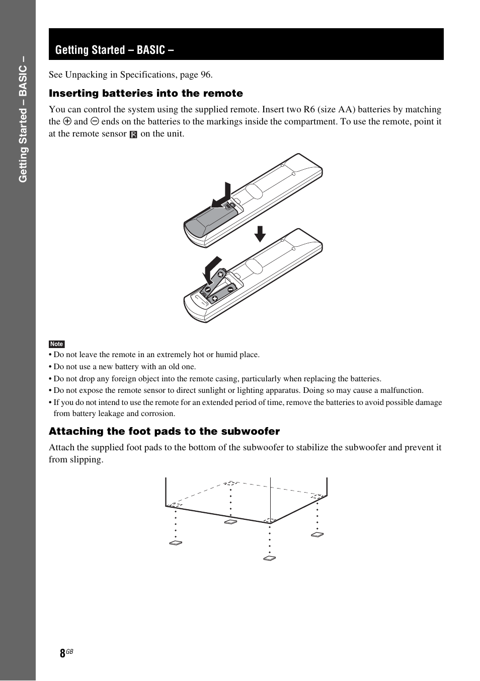 Getting started - basic, Getting started – basic | Sony DAV-DZ830W User Manual | Page 8 / 116