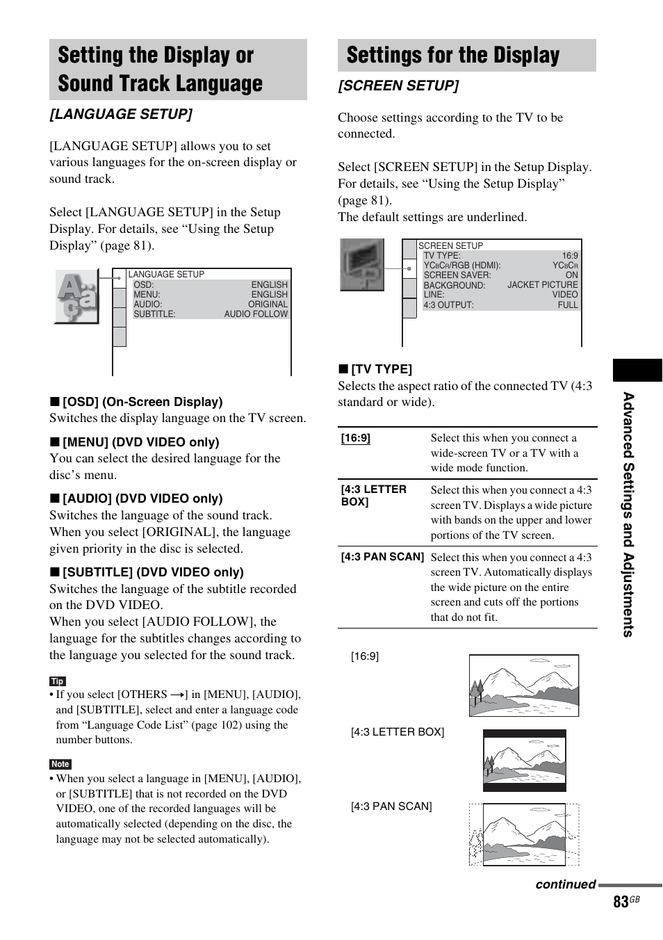 Setting the display or sound track language, Settings for the display, Setting the display or sound track | Language [language setup, Screen setup, Language setup | Sony DAV-DZ830W User Manual | Page 83 / 116