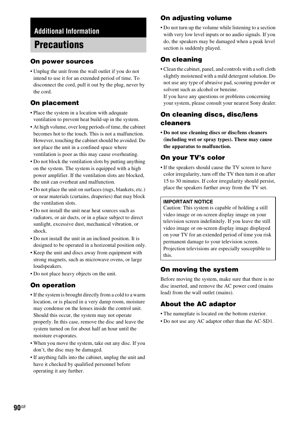 Additional information, Precautions | Sony DAV-DZ830W User Manual | Page 90 / 116