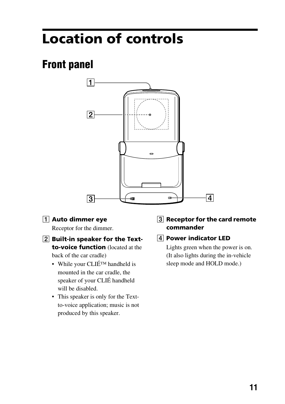 Location of controls, Front panel | Sony PEGA-CC5 User Manual | Page 11 / 84
