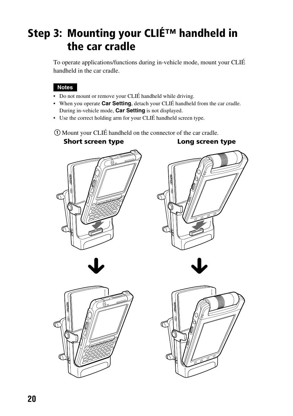 Mounting your clié™ handheld in the, Car cradle | Sony PEGA-CC5 User Manual | Page 20 / 84