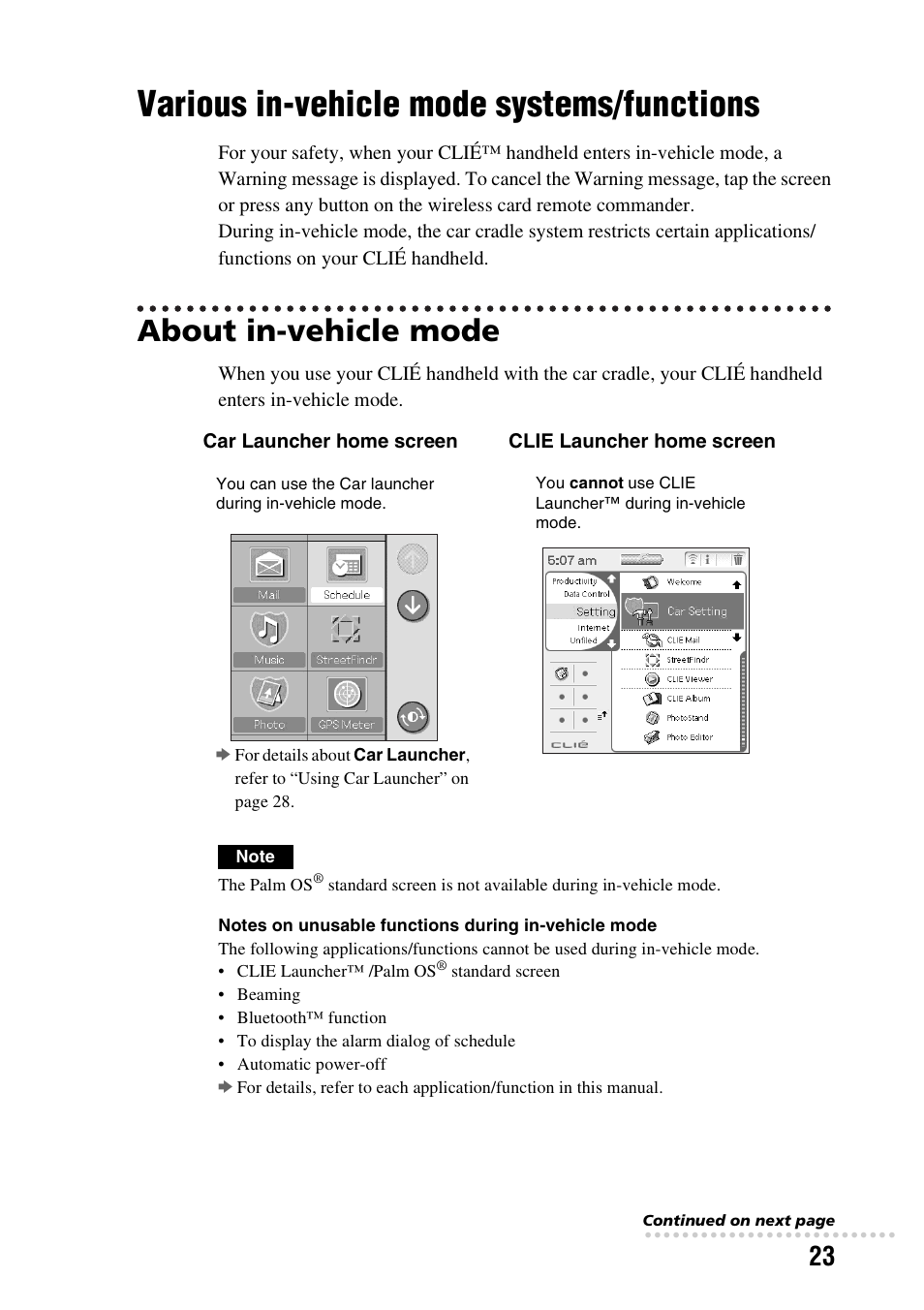 Various in-vehicle mode systems/functions, About in-vehicle mode, Various in-vehicle mode systems | Functions | Sony PEGA-CC5 User Manual | Page 23 / 84