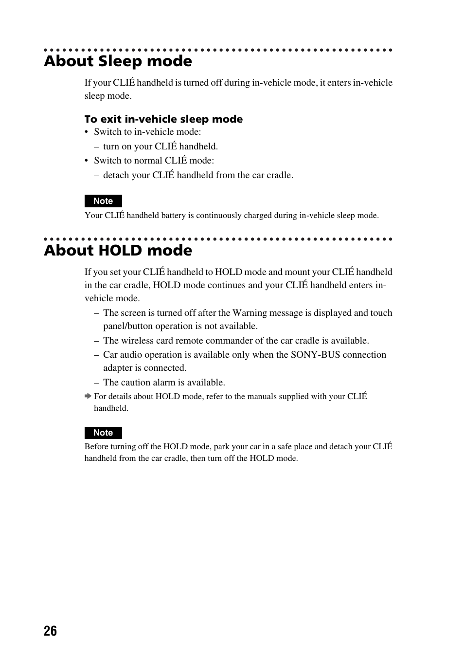 About sleep mode, About hold mode, About sleep mode about hold mode | Sony PEGA-CC5 User Manual | Page 26 / 84