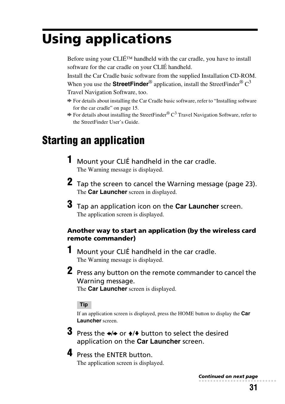 Using applications, Starting an application | Sony PEGA-CC5 User Manual | Page 31 / 84