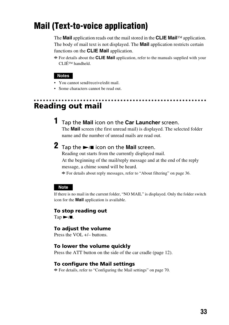 Mail (text-to-voice application), Reading out mail | Sony PEGA-CC5 User Manual | Page 33 / 84
