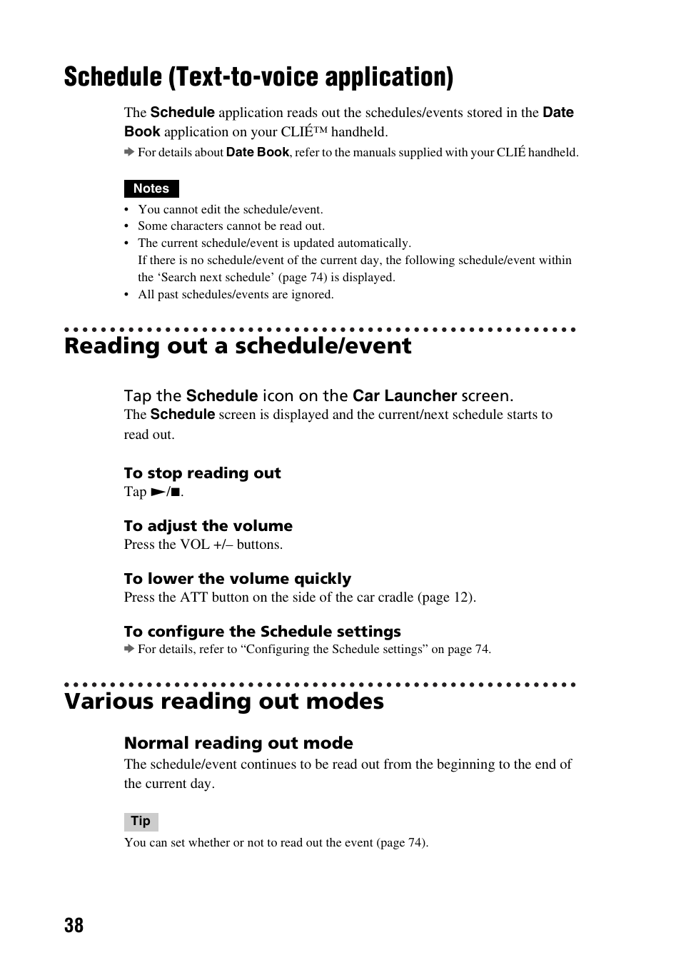 Schedule (text-to-voice application), Reading out a schedule/event, Various reading out modes | Schedule, Text-to-voice application), Le 38 | Sony PEGA-CC5 User Manual | Page 38 / 84