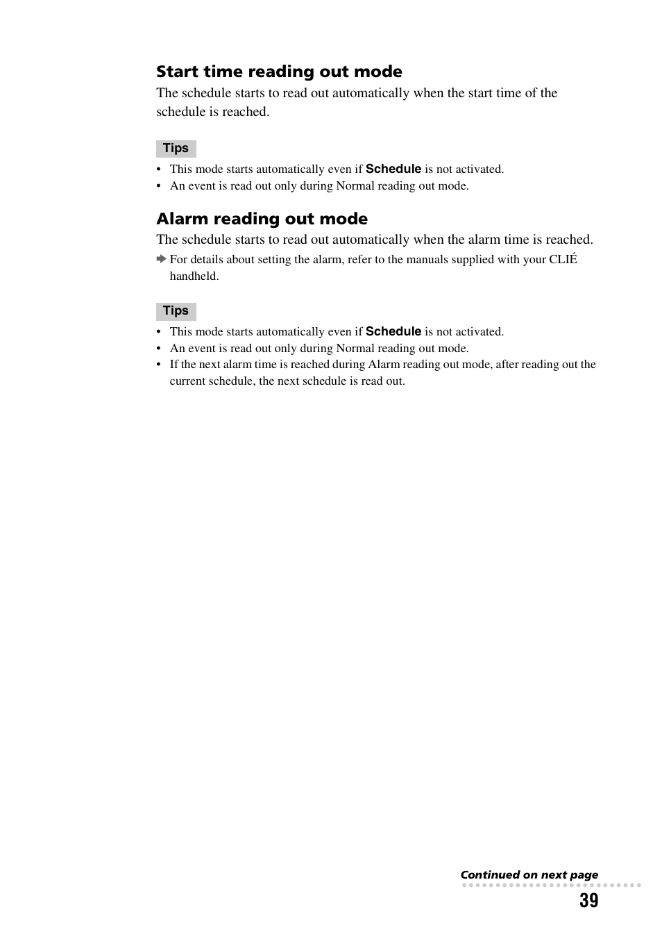 Start time reading out mode, Alarm reading out mode | Sony PEGA-CC5 User Manual | Page 39 / 84