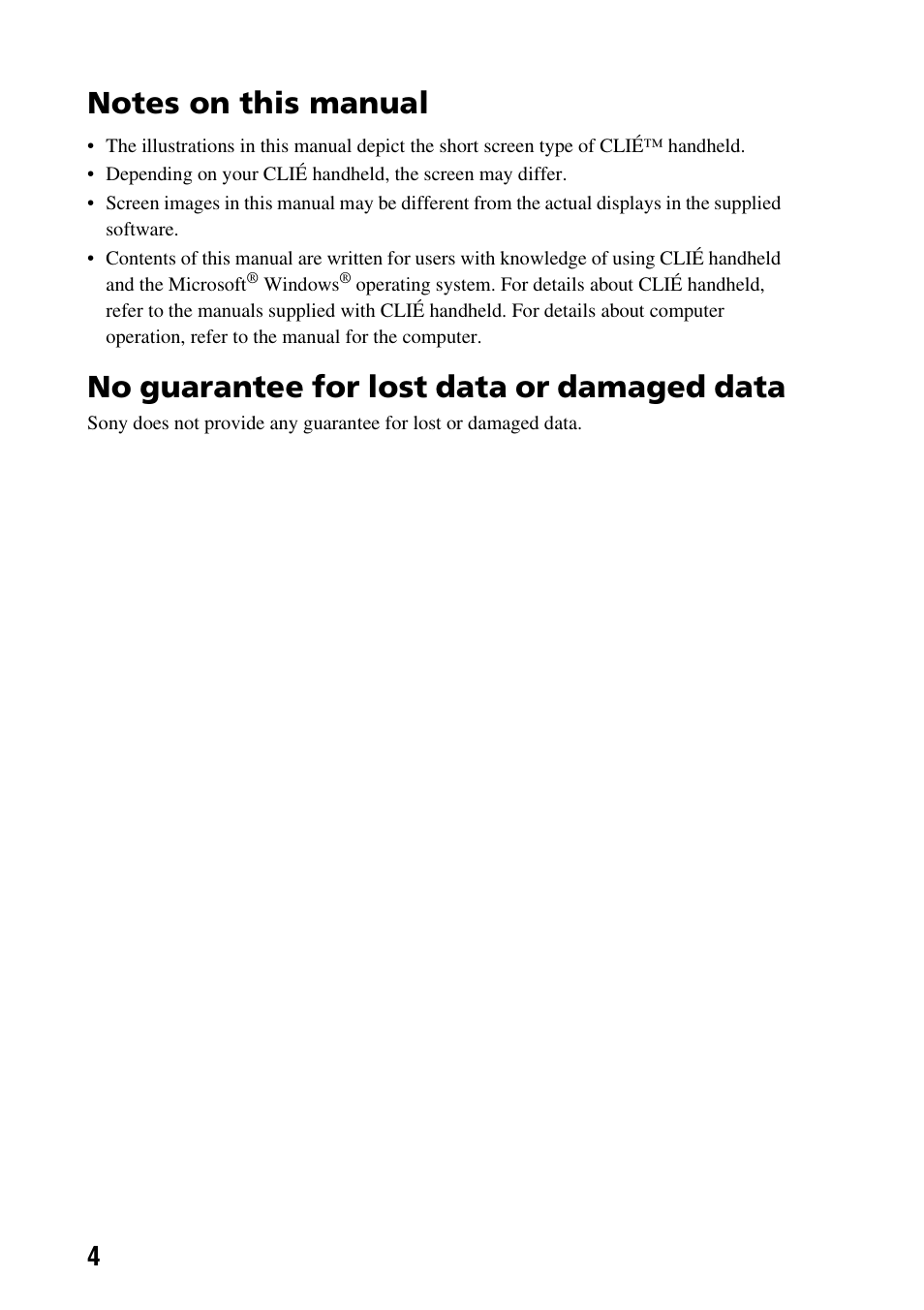 Notes on this manual, No guarantee for lost data or damaged data | Sony PEGA-CC5 User Manual | Page 4 / 84