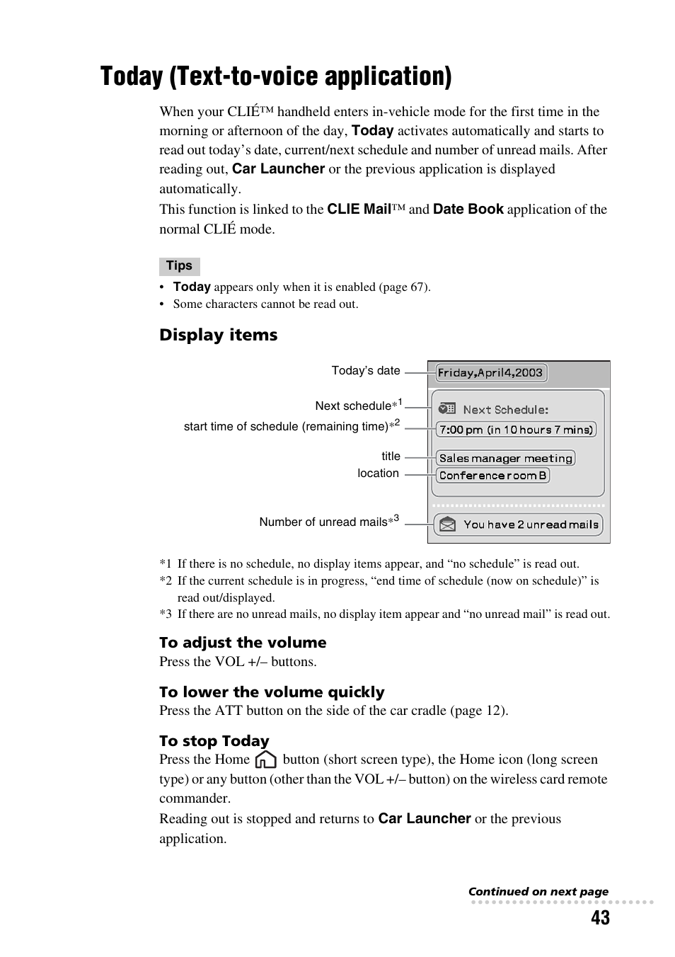Today (text-to-voice application), Display items | Sony PEGA-CC5 User Manual | Page 43 / 84