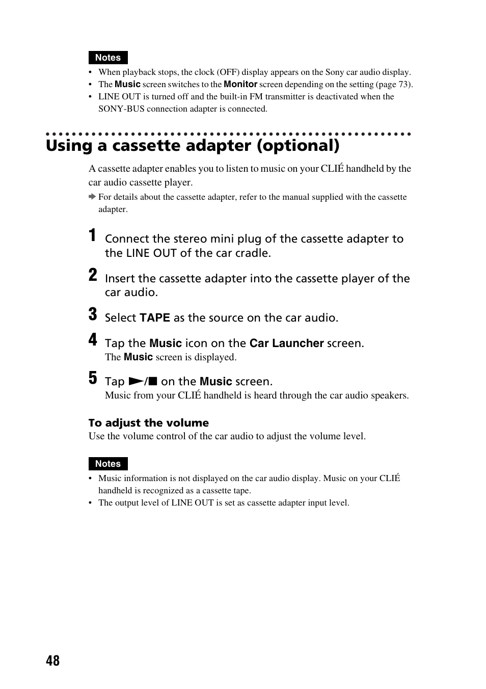 Using a cassette adapter (optional) | Sony PEGA-CC5 User Manual | Page 48 / 84