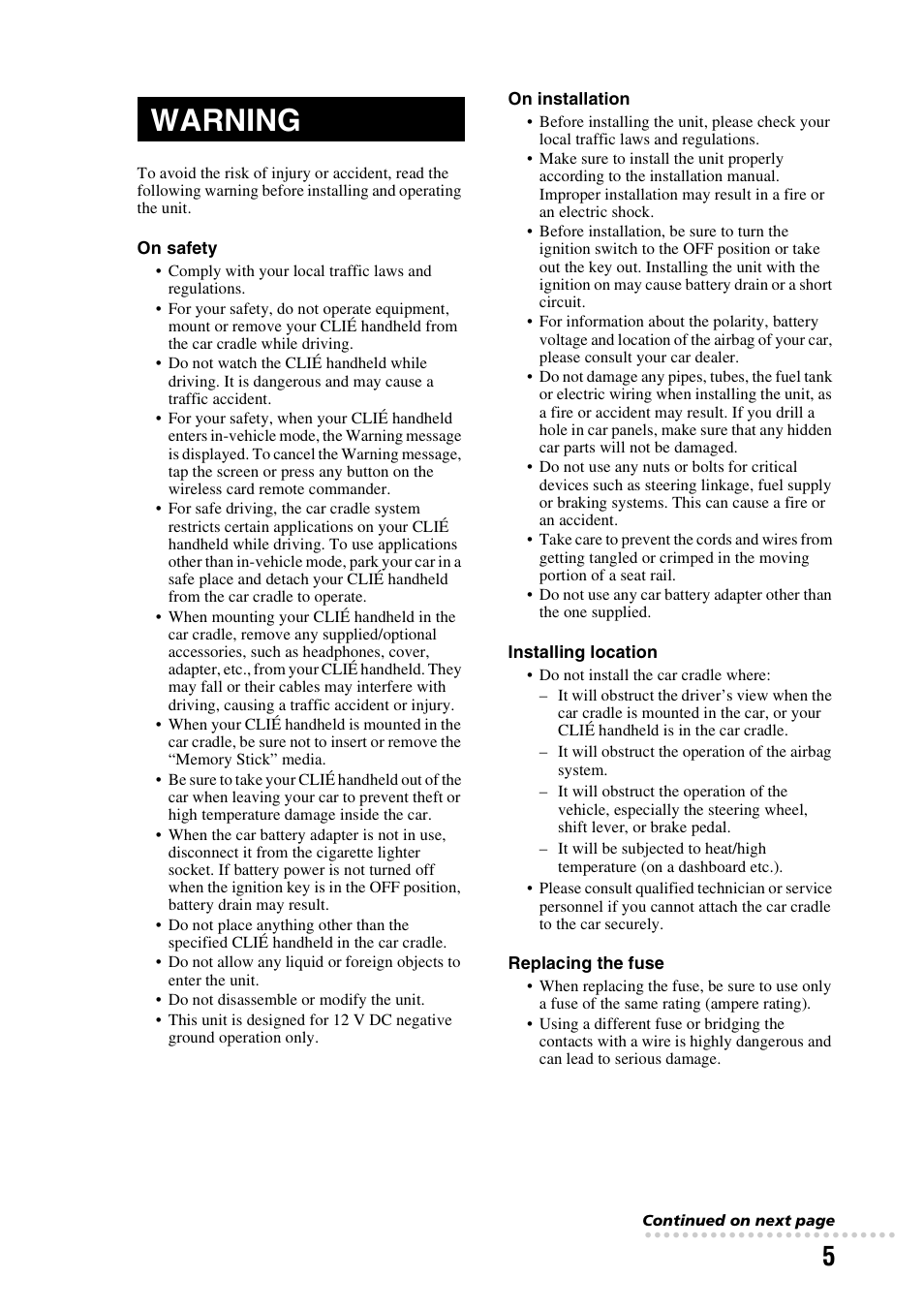 Warning | Sony PEGA-CC5 User Manual | Page 5 / 84