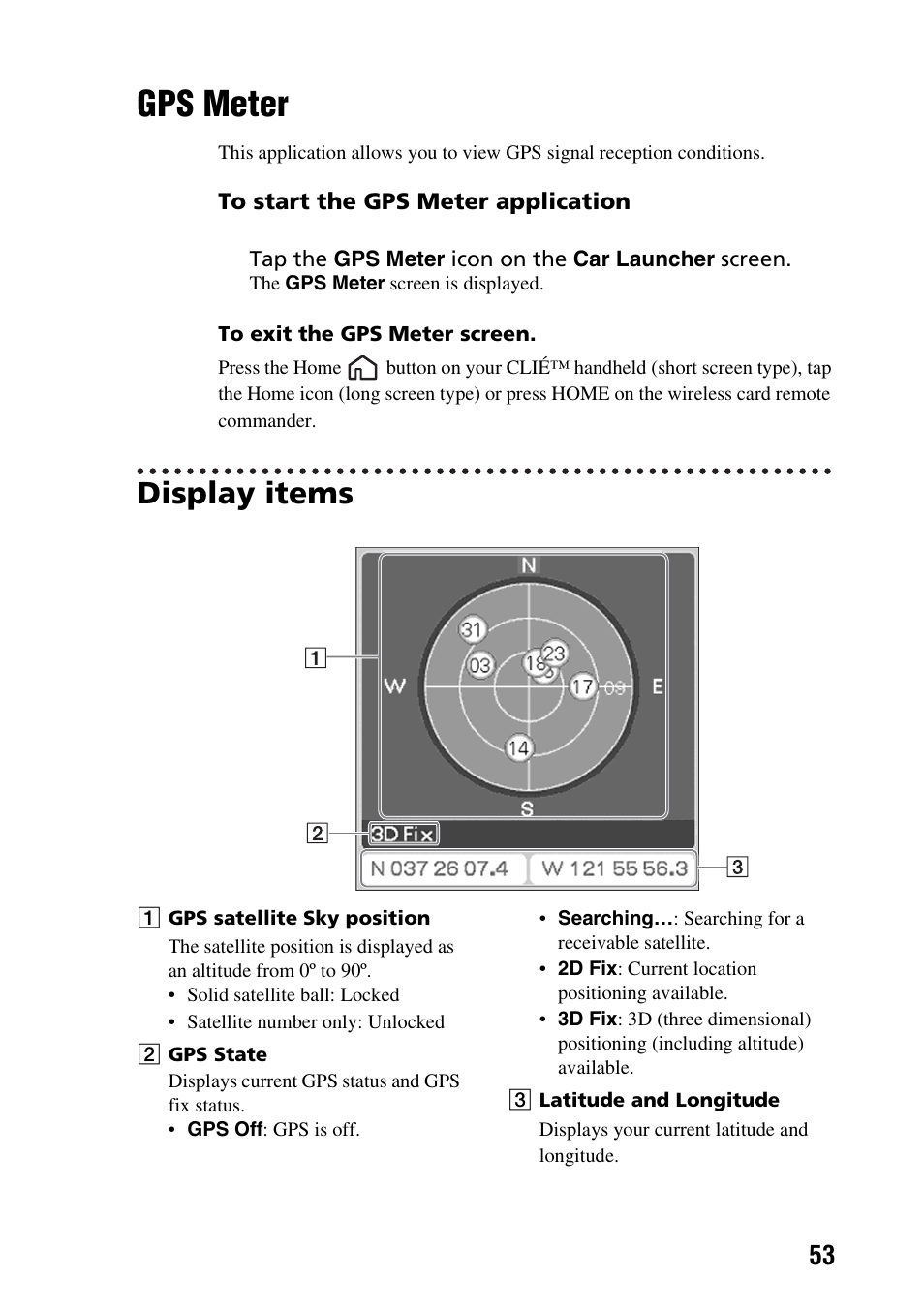 Gps meter, Display items, R 53 | Sony PEGA-CC5 User Manual | Page 53 / 84