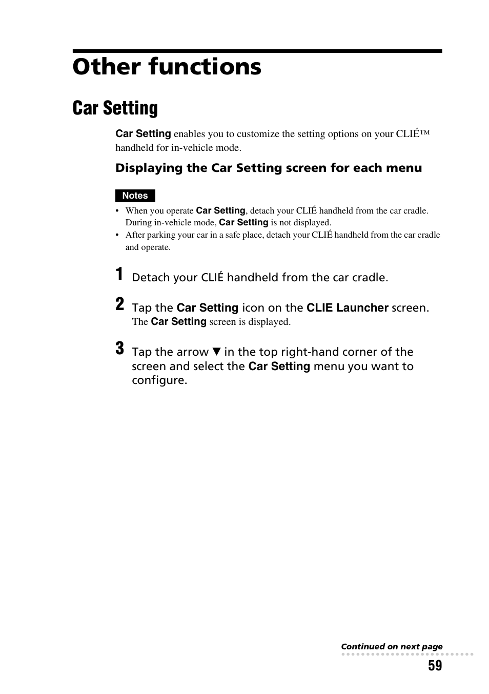 Other functions, Car setting | Sony PEGA-CC5 User Manual | Page 59 / 84