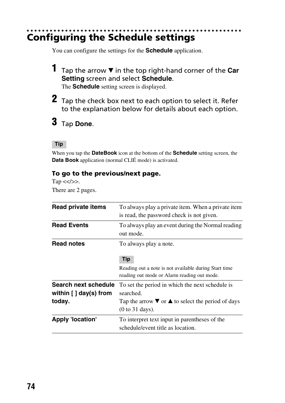 Configuring the schedule settings, Le 74 | Sony PEGA-CC5 User Manual | Page 74 / 84