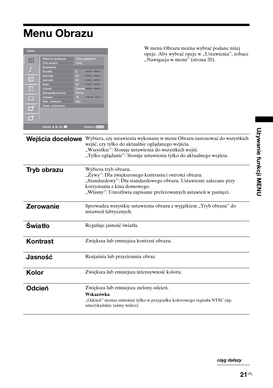Menu obrazu, Zobacz strony 21 do | Sony BRAVIA KDL-26S2000 User Manual | Page 107 / 132