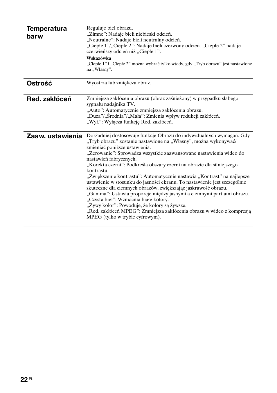 Temperatura barw, Ostrość, Red. zakłóceń | Zaaw. ustawienia | Sony BRAVIA KDL-26S2000 User Manual | Page 108 / 132