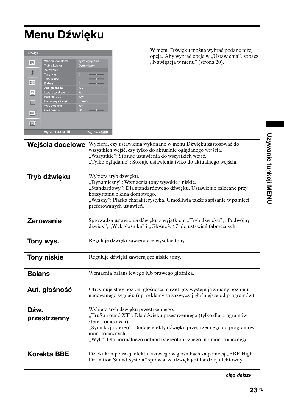 Menu dźwięku | Sony BRAVIA KDL-26S2000 User Manual | Page 109 / 132