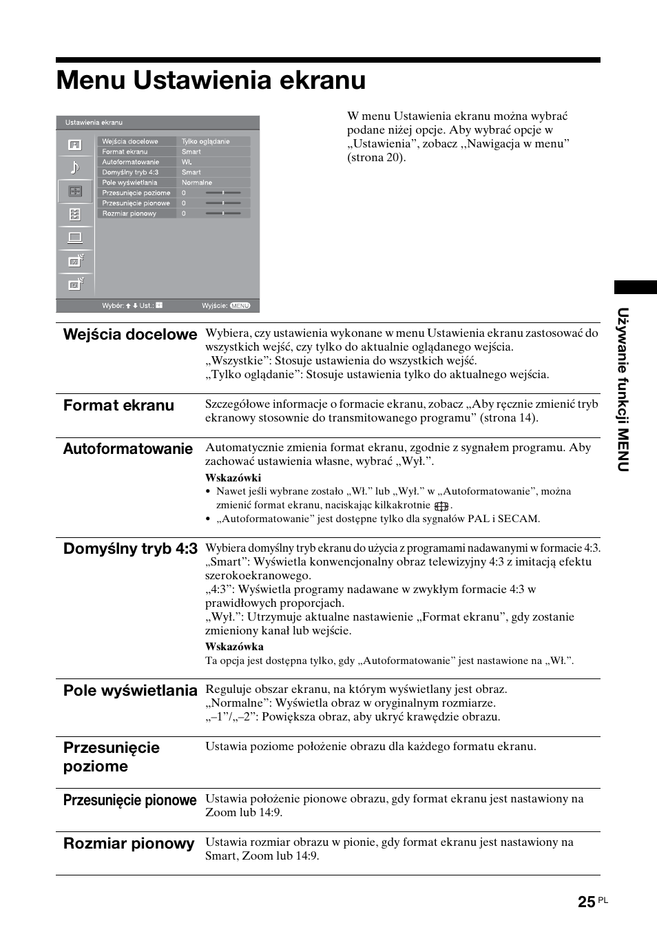 Menu ustawienia ekranu | Sony BRAVIA KDL-26S2000 User Manual | Page 111 / 132