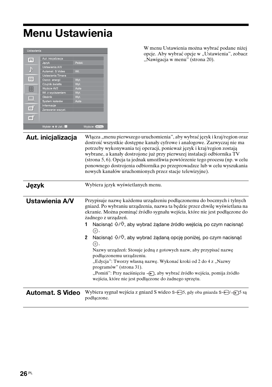 Menu ustawienia, Zobacz strony 26 | Sony BRAVIA KDL-26S2000 User Manual | Page 112 / 132