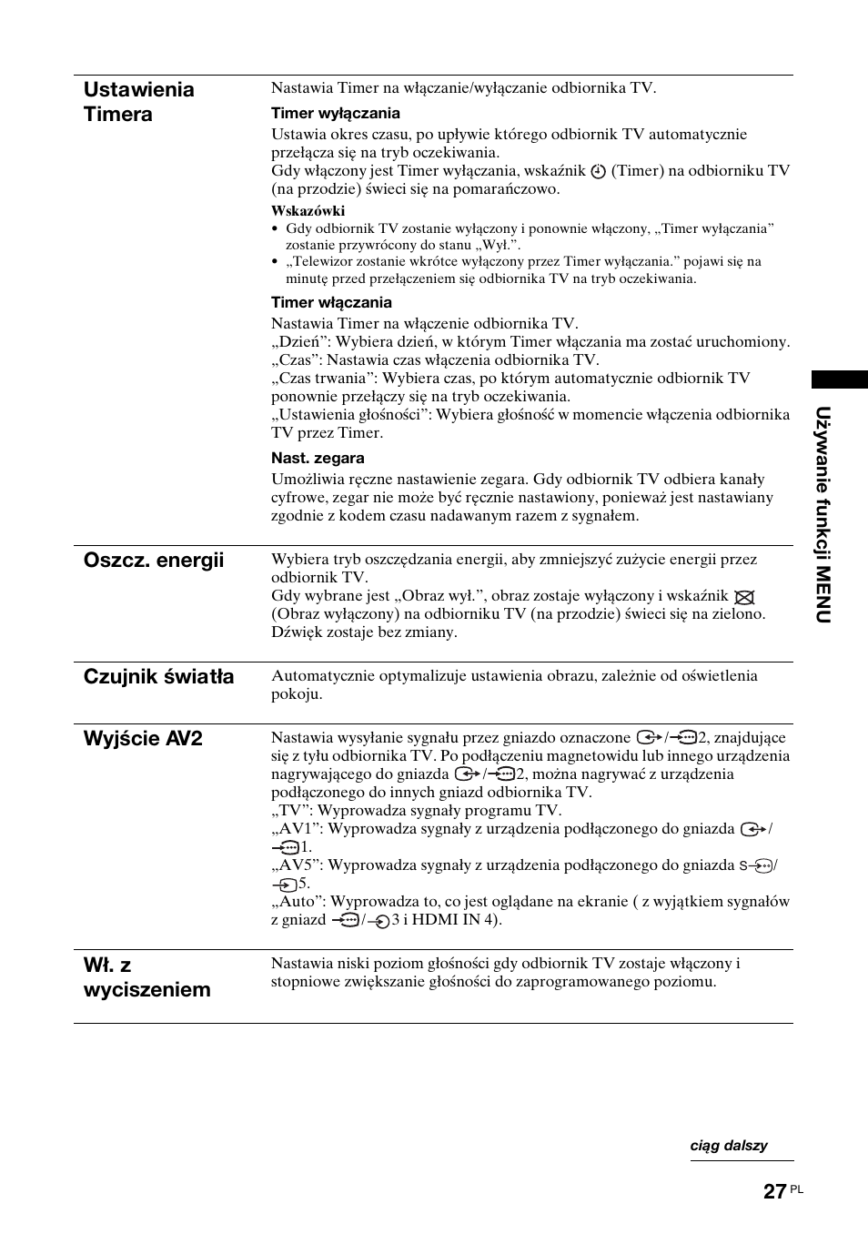 Ustawienia timera, Oszcz. energii, Czujnik światła | Wyjście av2, Wł. z wyciszeniem | Sony BRAVIA KDL-26S2000 User Manual | Page 113 / 132