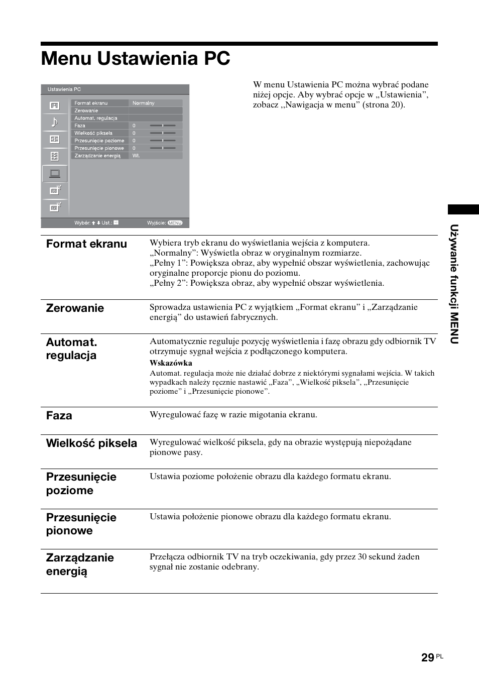 Menu ustawienia pc | Sony BRAVIA KDL-26S2000 User Manual | Page 115 / 132
