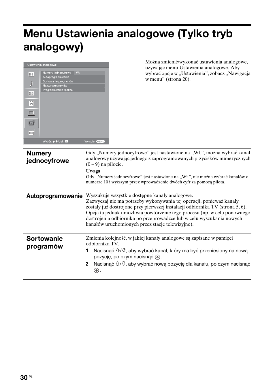 Menu ustawienia analogowe (tylko tryb analogowy) | Sony BRAVIA KDL-26S2000 User Manual | Page 116 / 132