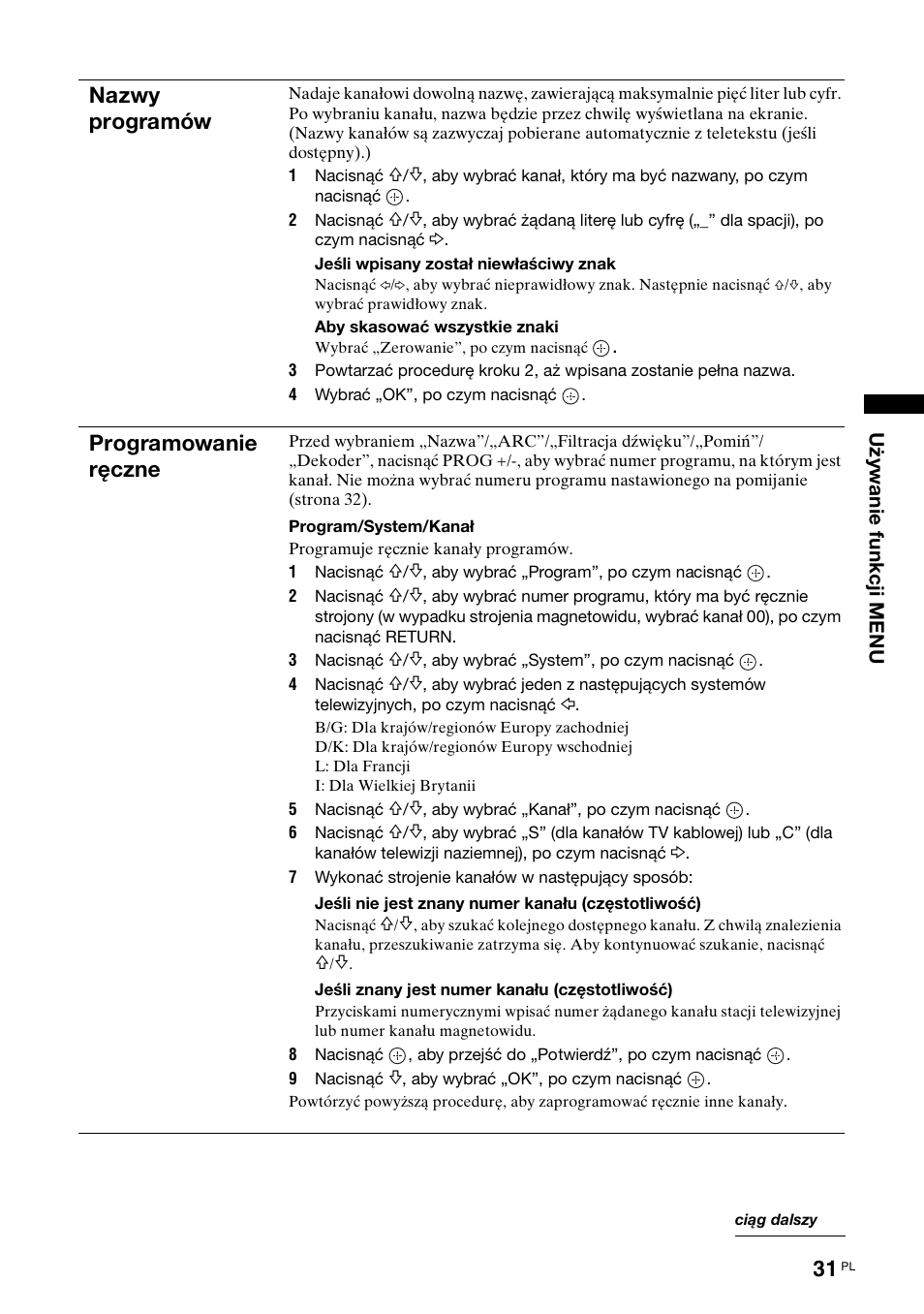 Zobacz strony 31, Nazwy programów, Programowanie ręczne | Sony BRAVIA KDL-26S2000 User Manual | Page 117 / 132