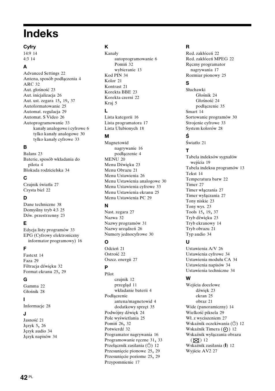 Indeks | Sony BRAVIA KDL-26S2000 User Manual | Page 128 / 132