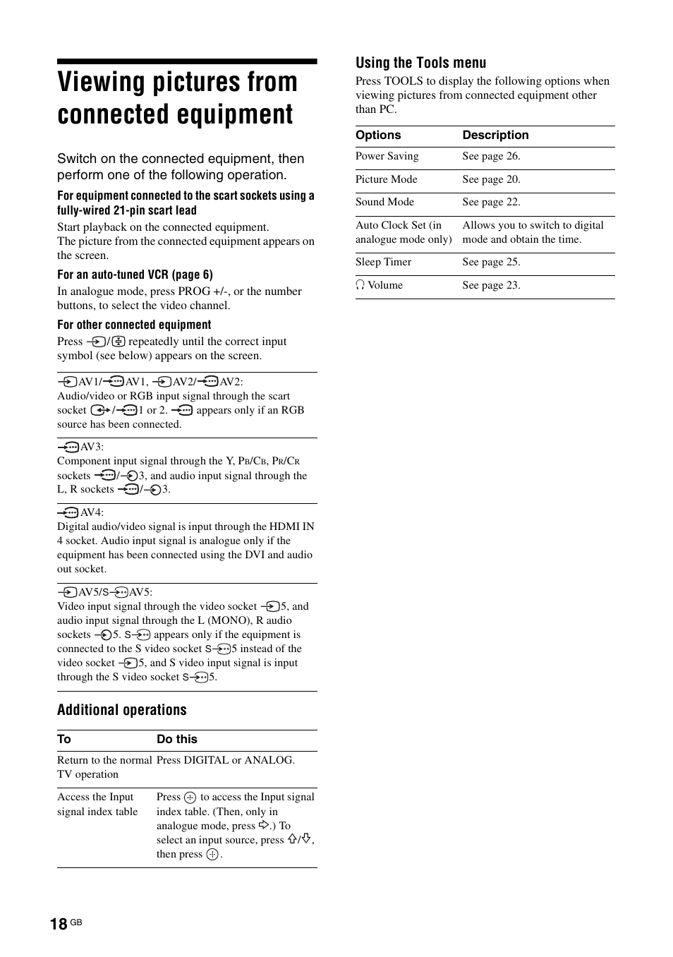 Viewing pictures from connected equipment, Additional operations using the tools menu | Sony BRAVIA KDL-26S2000 User Manual | Page 18 / 132