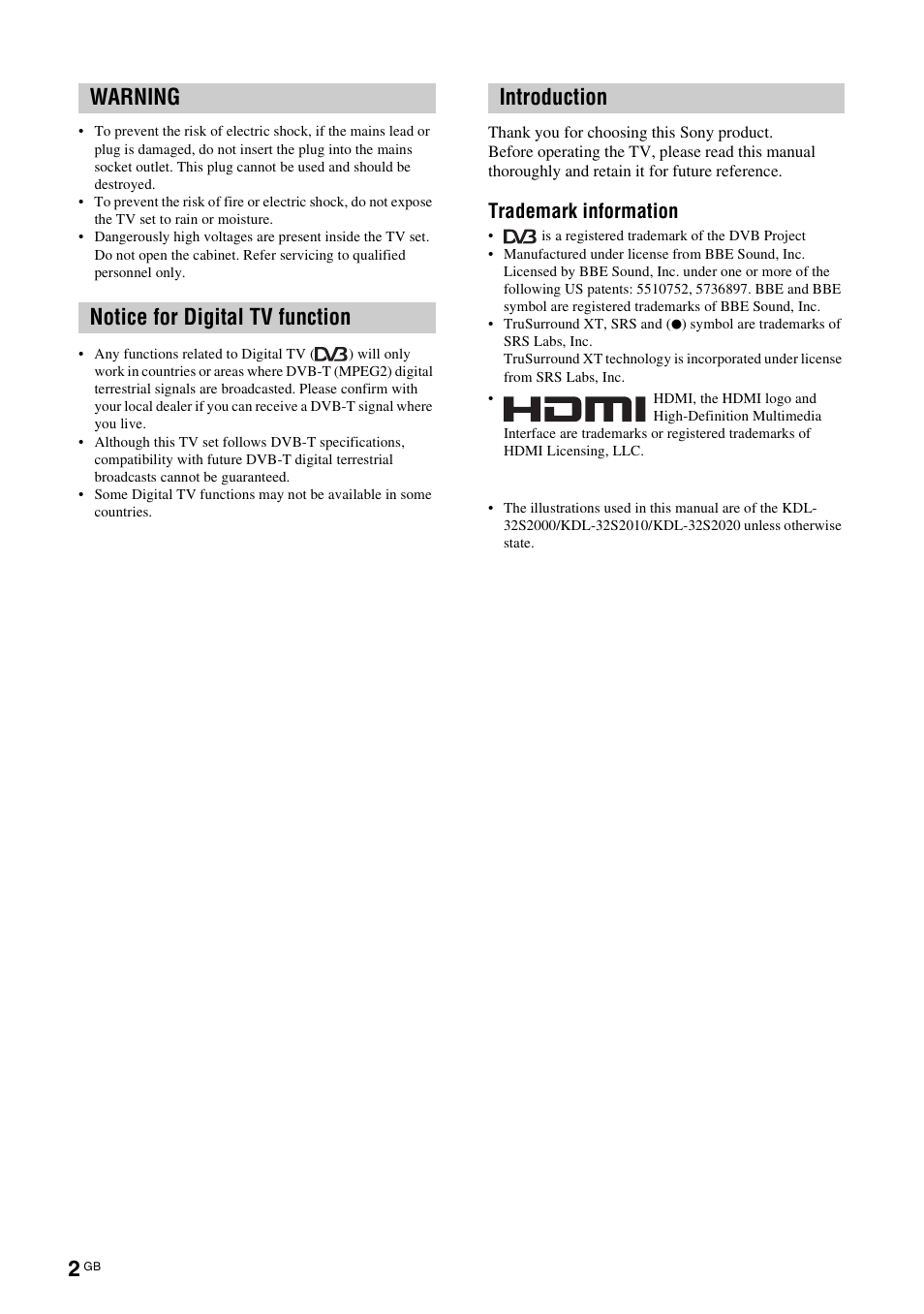 Trademark information | Sony BRAVIA KDL-26S2000 User Manual | Page 2 / 132