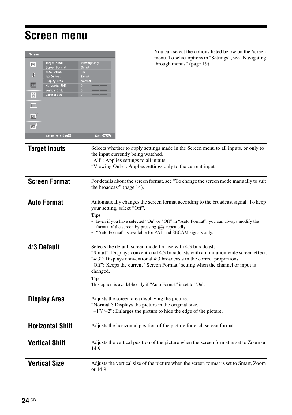 Screen menu | Sony BRAVIA KDL-26S2000 User Manual | Page 24 / 132