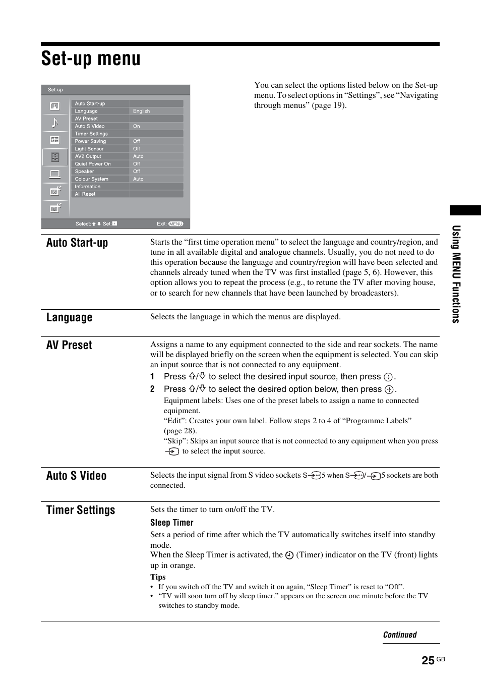 Set-up menu, Auto start-up, Language | Av preset, Auto s video, Timer settings | Sony BRAVIA KDL-26S2000 User Manual | Page 25 / 132