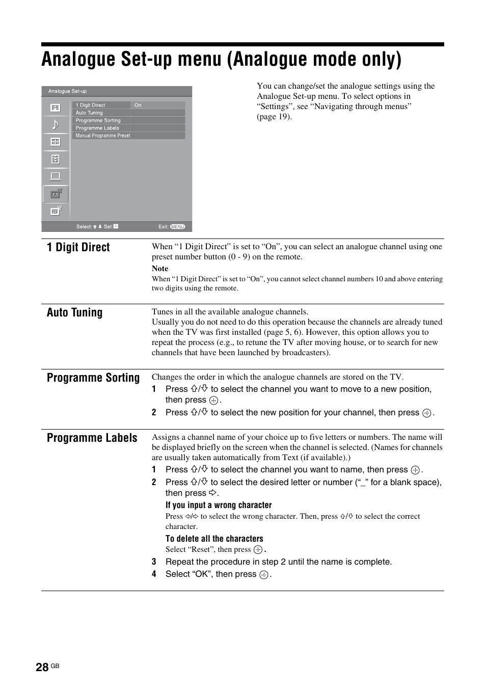 Analogue set-up menu (analogue mode only), 1 digit direct, Auto tuning | Programme sorting, Programme labels | Sony BRAVIA KDL-26S2000 User Manual | Page 28 / 132