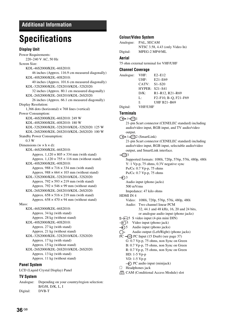 Additional information, Specifications | Sony BRAVIA KDL-26S2000 User Manual | Page 36 / 132